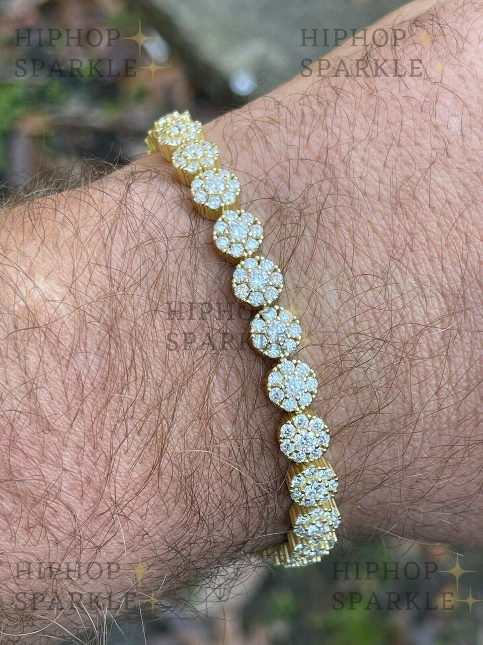 Real 9.5CT MOISSANITE 14k Gold Vermeil Iced Flooded Out Cluster Tennis Bracelet