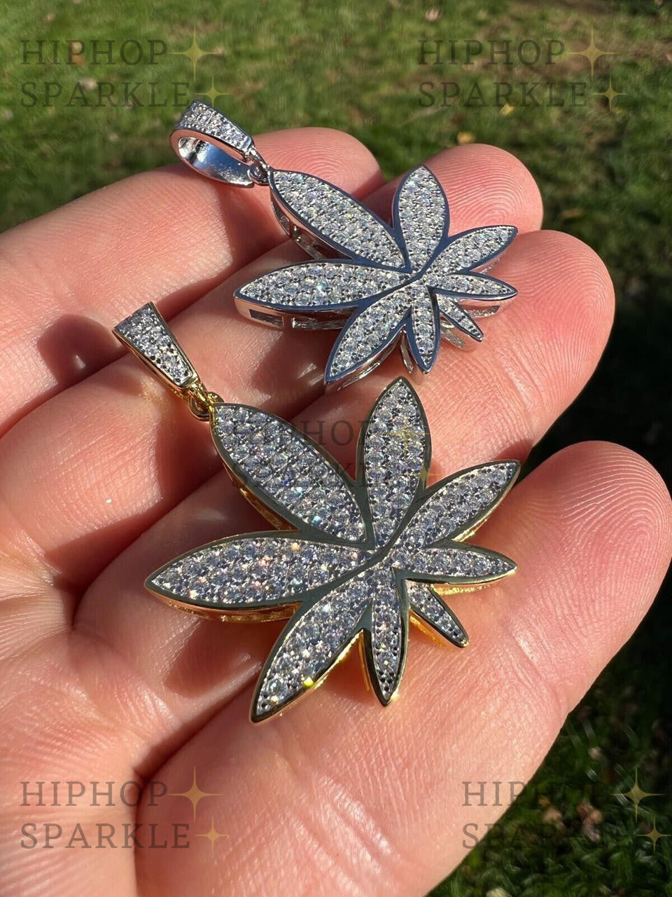 Moissanite Marijuana Weed Pot Iced Out Pendant - 14k Gold Vermeil or 925 Silver