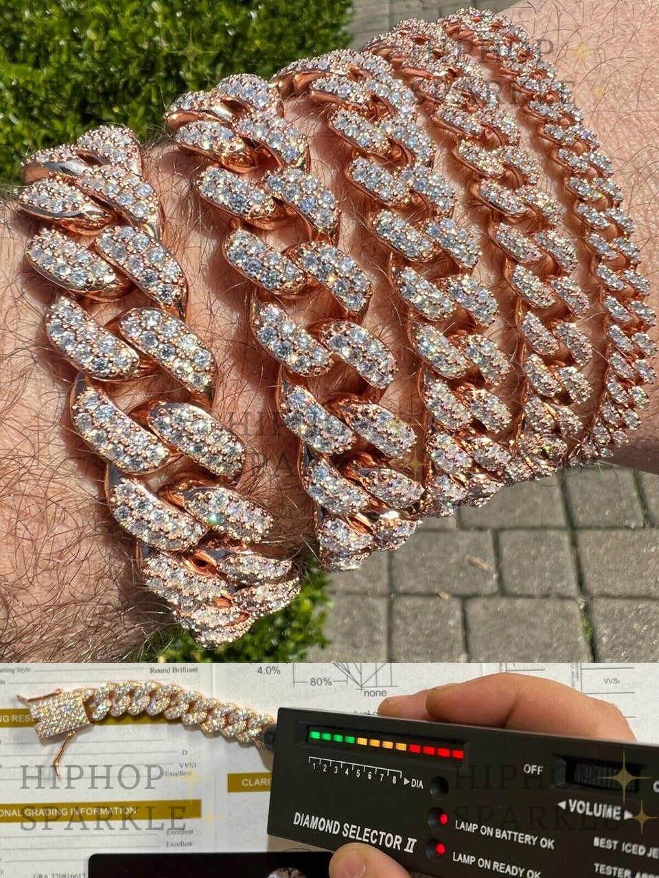 Real Miami Cuban Link Bracelet Iced Moissanite - 14k Rose Gold & 925 Sterling Silver