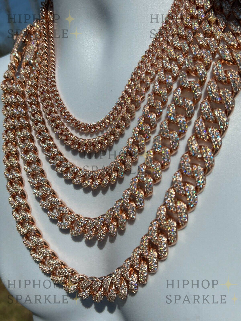 Moissanite Classic Miami Cuban Link Chain Necklace Iced Out - 14k Rose Gold Vermeil & 925 Silver - 6mm-18mm