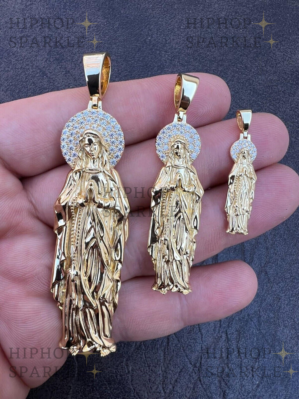 Moissanite Virgin Mary Guadalupe Pendant - 14k Gold Vermeil & 925 Silver