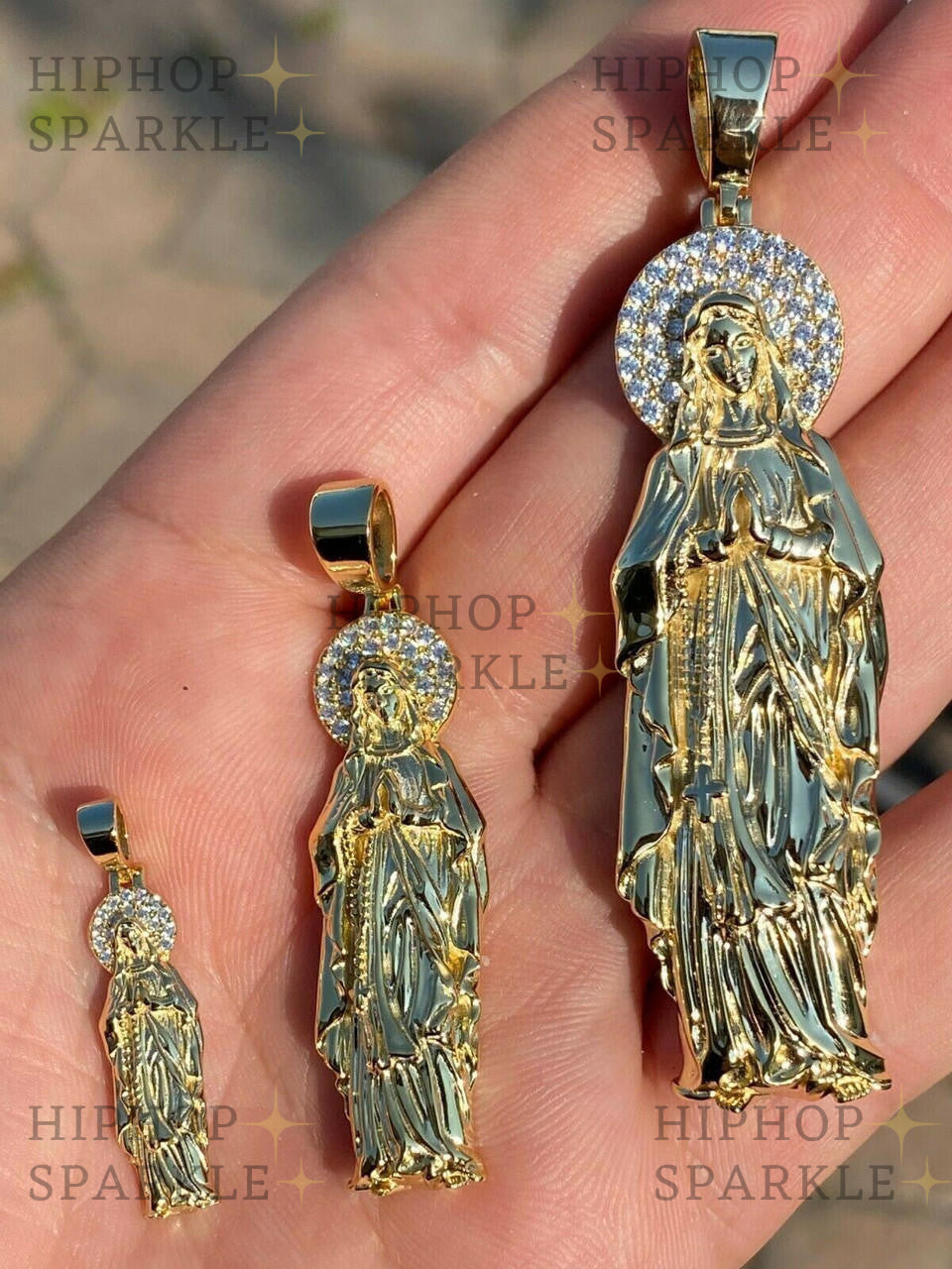 Moissanite Virgin Mary Guadalupe Pendant - 14k Gold Vermeil & 925 Silver