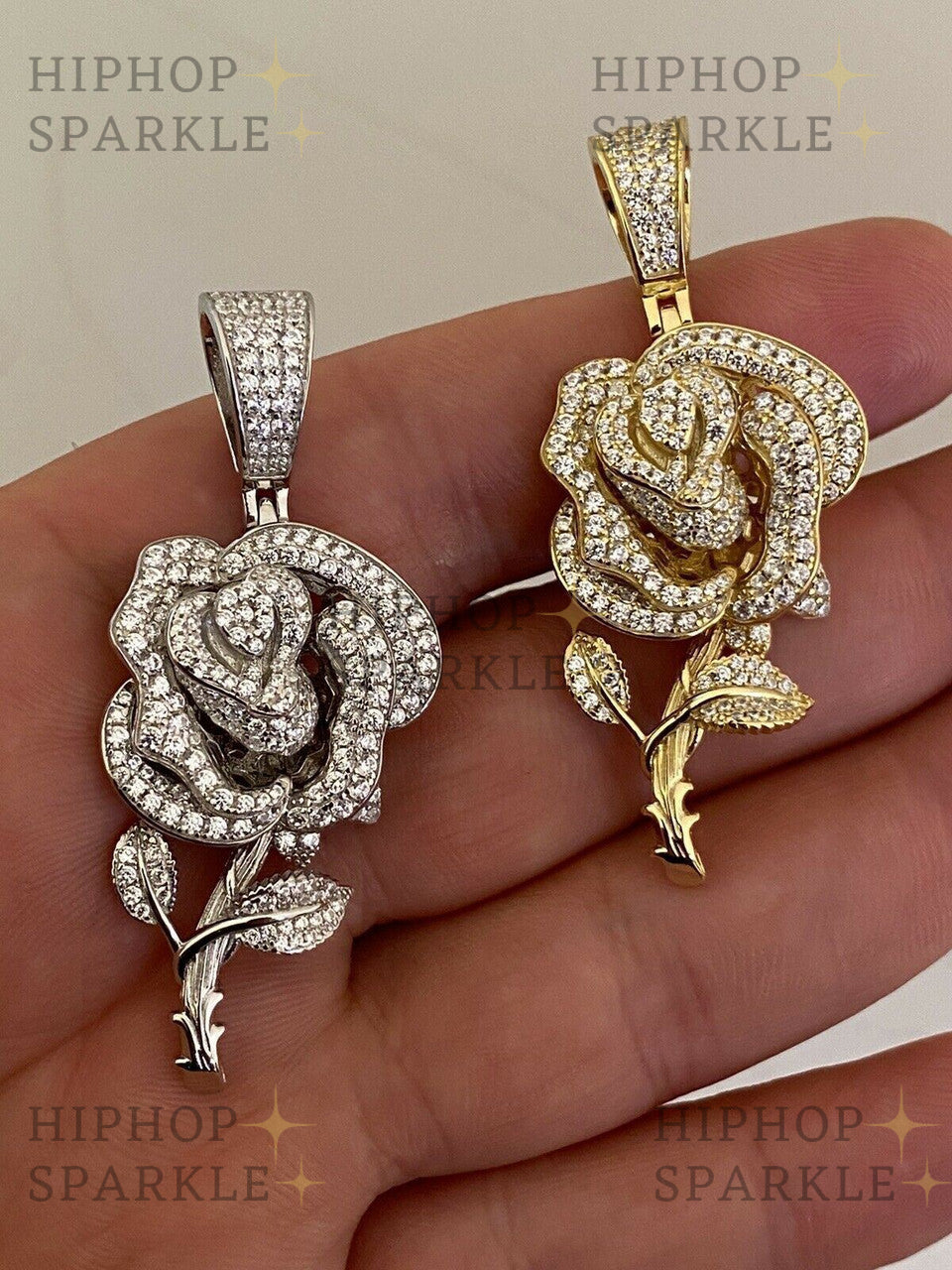 Moissanite Rose Flower Iced Out Pendant - 14k Gold Vermeil & 925 Silver