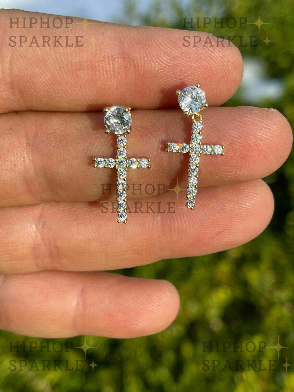 Moissanite Dangling Cross Out Earrings with Solitaire Stud - 14k Gold Vermeil & 925 Silver