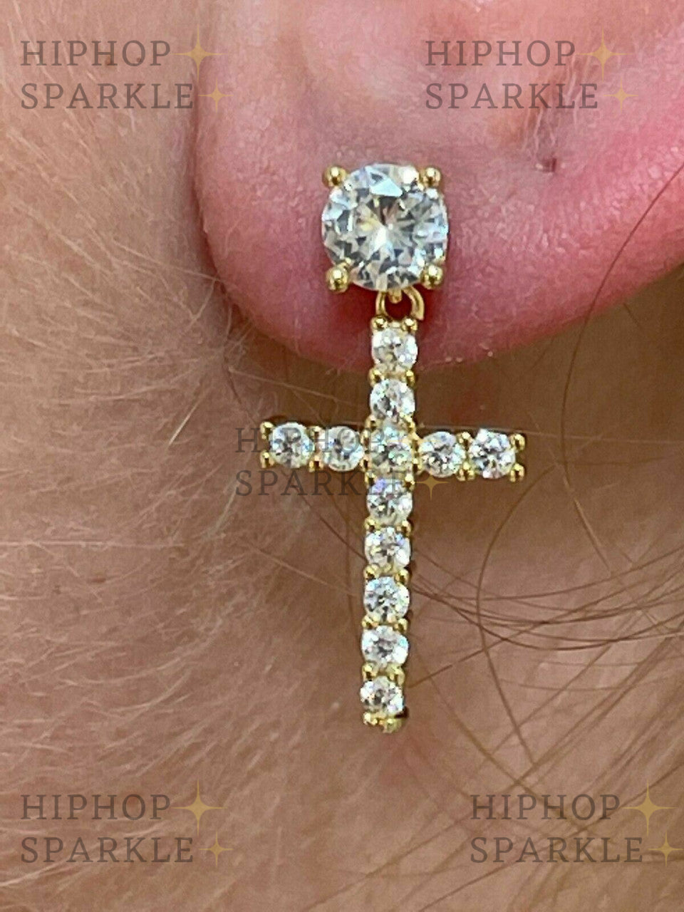 Moissanite Dangling Cross Out Earrings with Solitaire Stud - 14k Gold Vermeil & 925 Silver