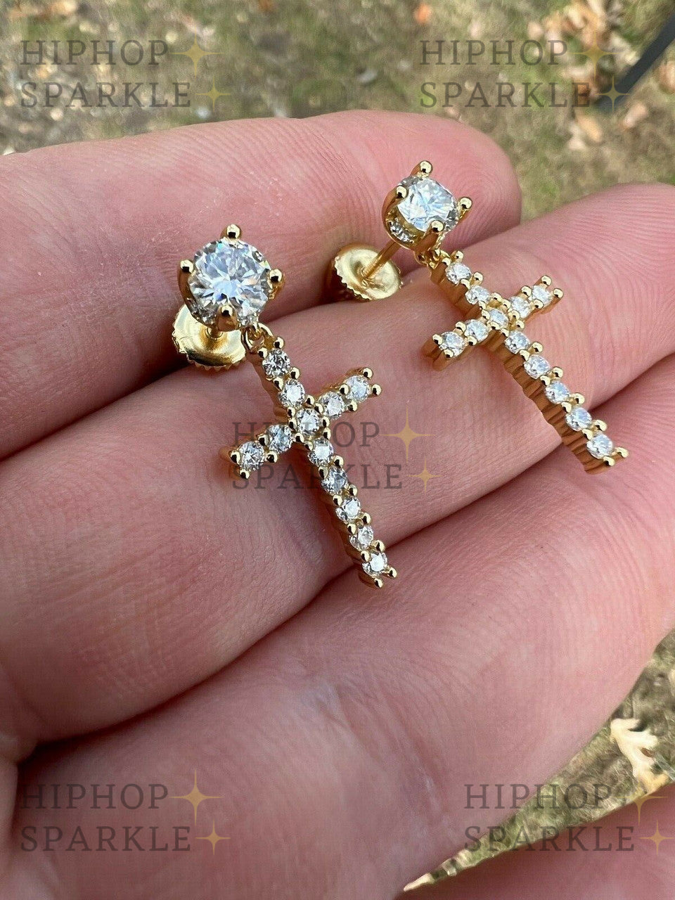 Moissanite Dangling Cross Out Earrings with Solitaire Stud - 14k Gold Vermeil & 925 Silver