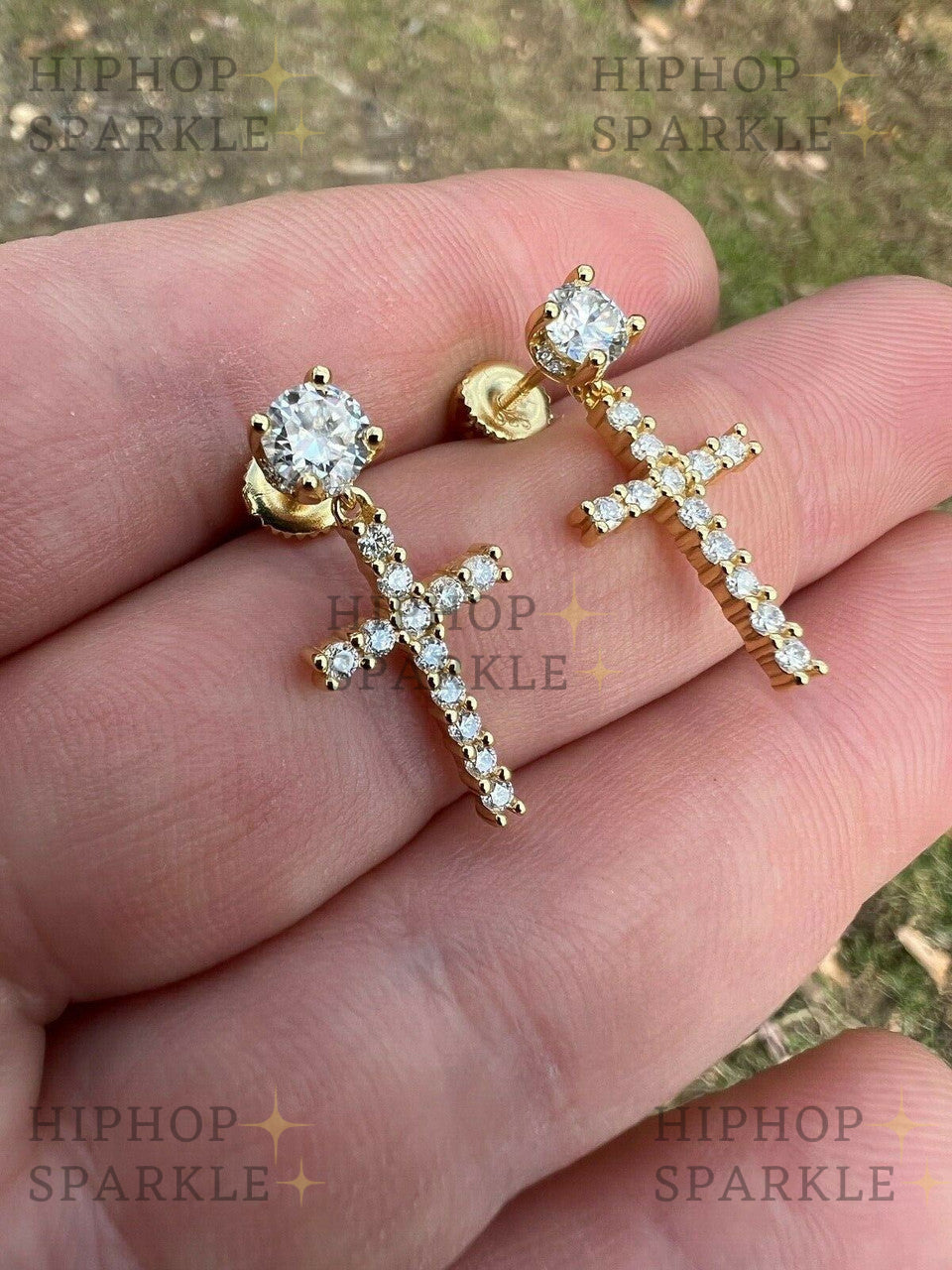 Moissanite Dangling Cross Out Earrings with Solitaire Stud - 14k Gold Vermeil & 925 Silver