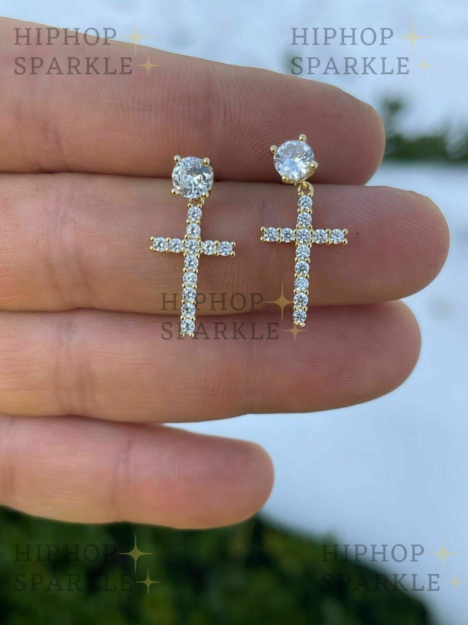 Moissanite Dangling Cross Out Earrings with Solitaire Stud - 14k Gold Vermeil & 925 Silver