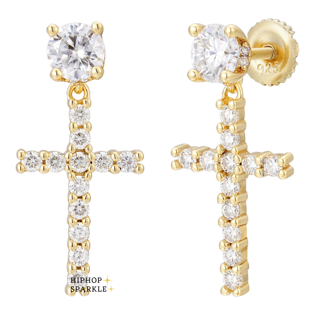 Moissanite Dangling Cross Out Earrings with Solitaire Stud - 14k Gold Vermeil & 925 Silver