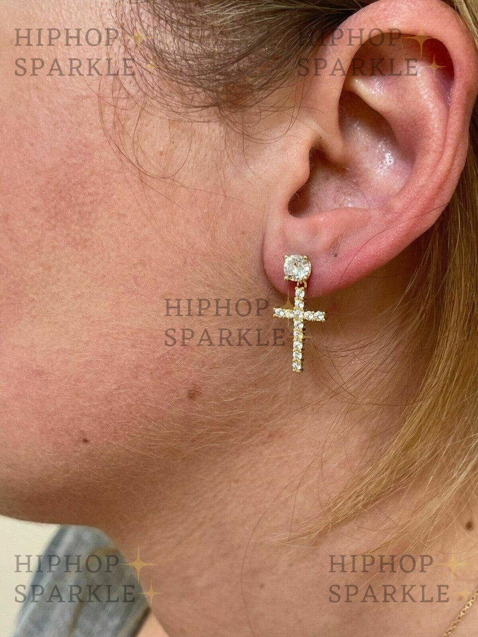 Moissanite Dangling Cross Out Earrings with Solitaire Stud - 14k Gold Vermeil & 925 Silver