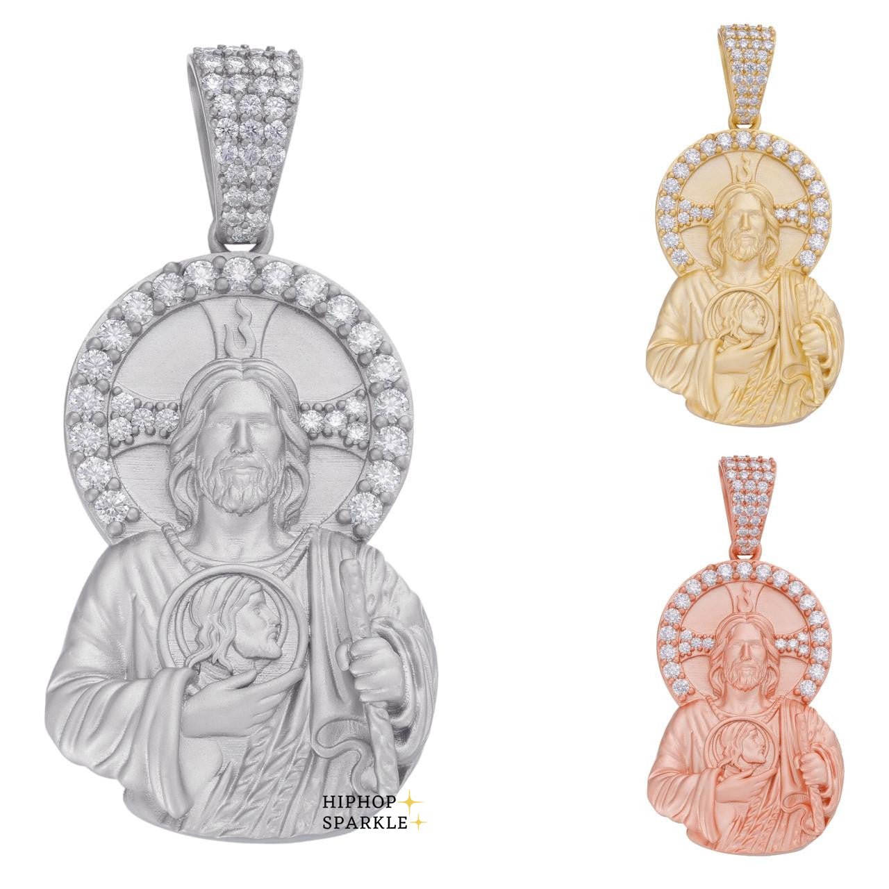 Moissanite St. Jude San Judas Iced Pendant - 14k Yellow/Rose Gold Vermeil & 925 Silver