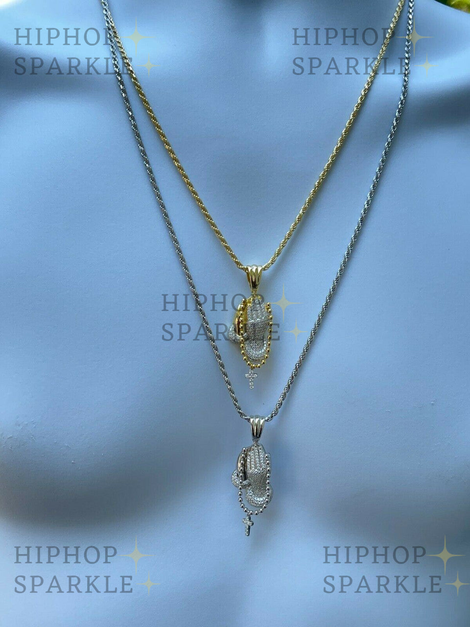 Moissanite Praying Hands with Cross Iced Out Pendant - 14k Yellow Gold Vermeil & 925 Silver