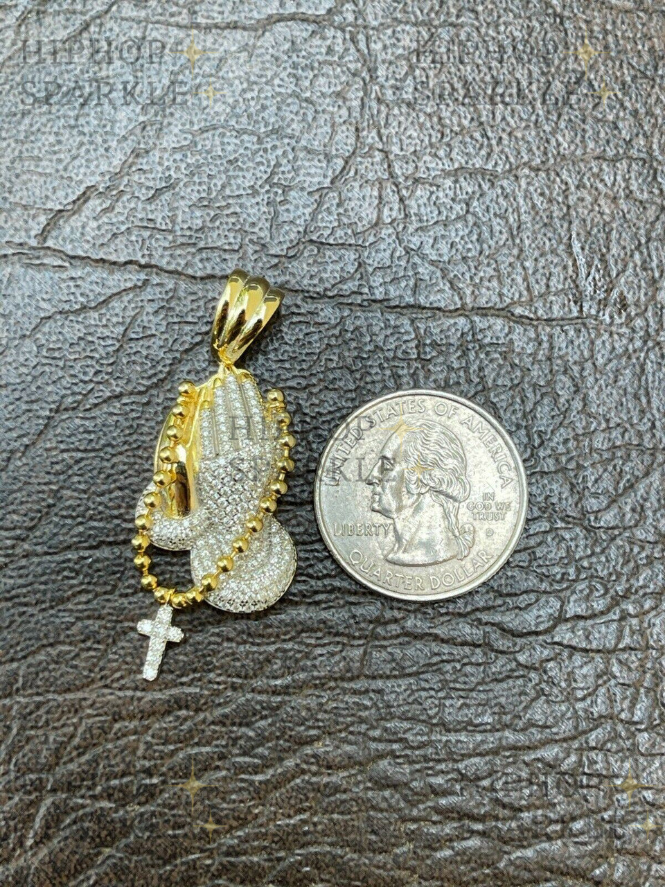 Moissanite Praying Hands with Cross Iced Out Pendant - 14k Yellow Gold Vermeil & 925 Silver