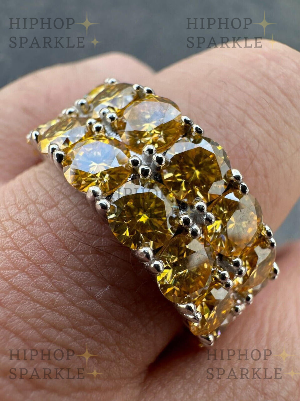 Glamorous Yellow Canary Moissanite Ring – Double Row Eternity, 14k Yellow Gold Vermeil & Natural Silver