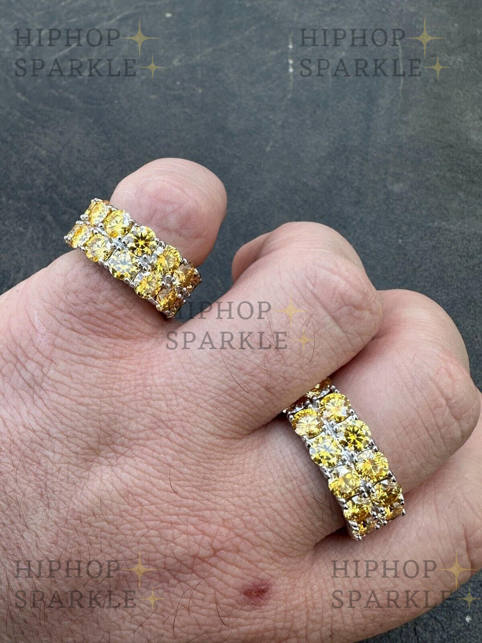 Glamorous Yellow Canary Moissanite Ring – Double Row Eternity, 14k Yellow Gold Vermeil & Natural Silver