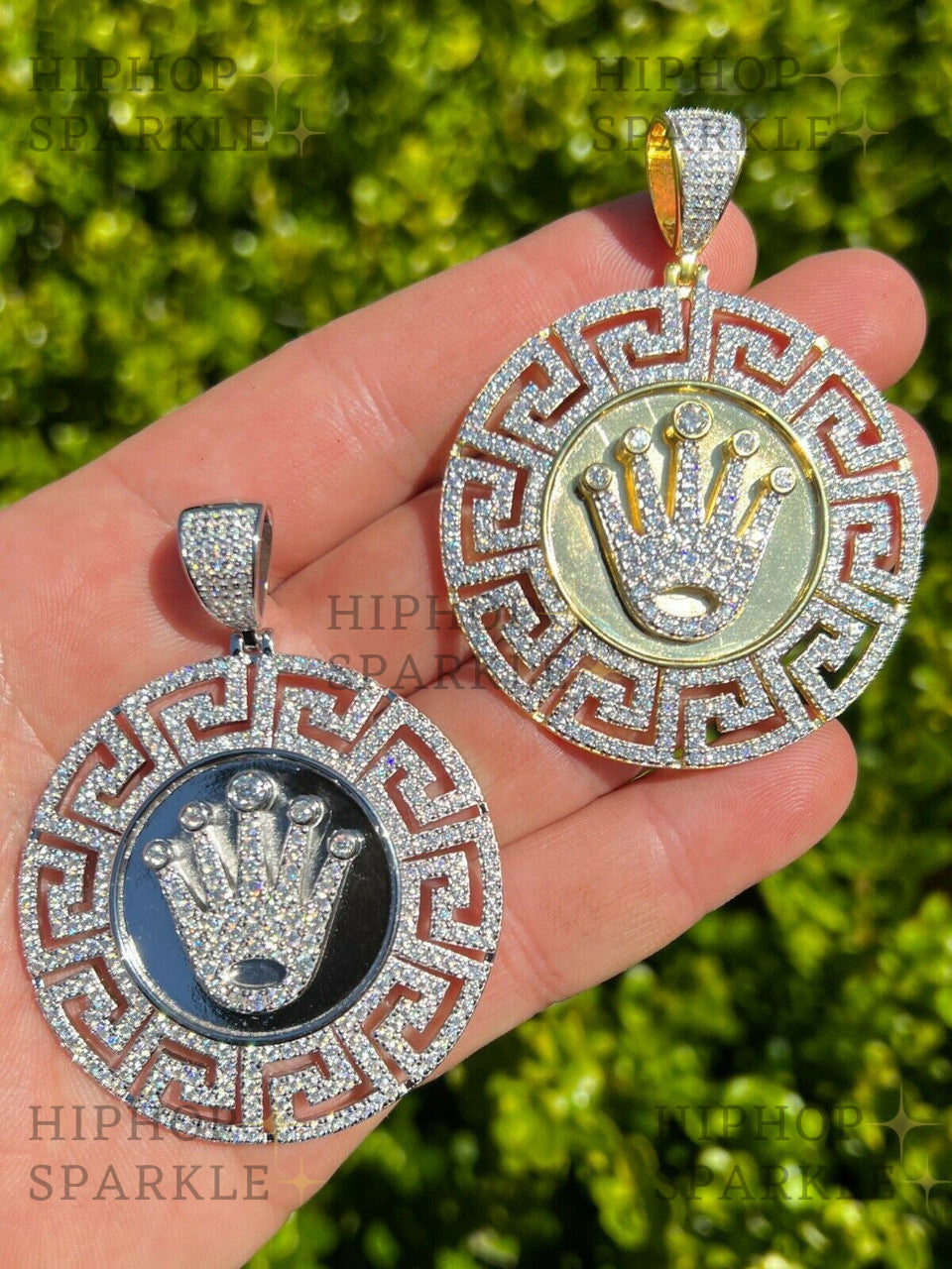 Moissanite Diamond King Crown Medallion Pendant - 14k Gold Vermeil & 925 Silver