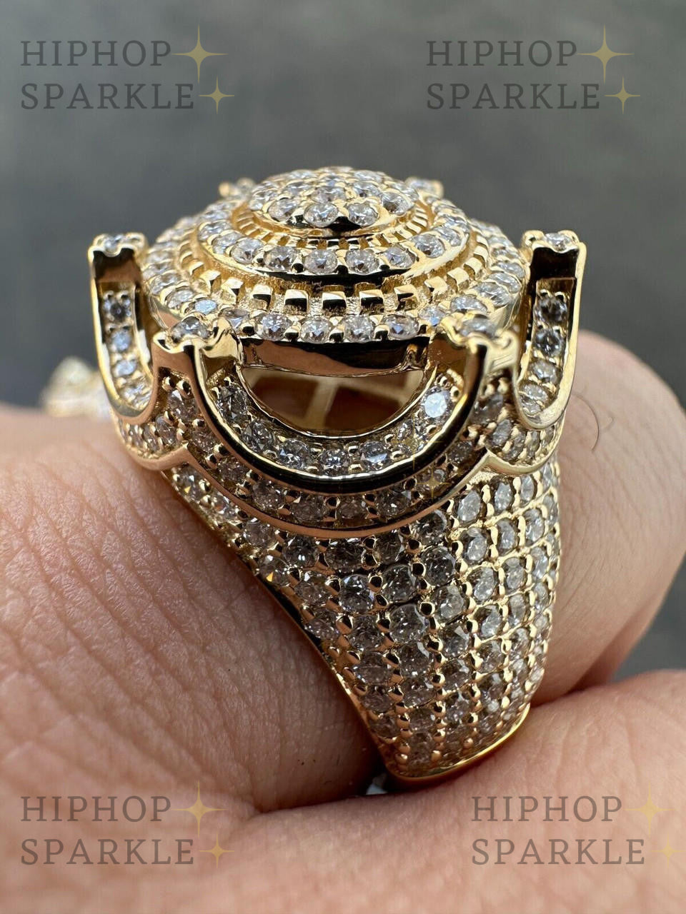 Glamorous Moissanite Diamond King Crown Ring – Solid 14k Yellow Gold & Micropave Iced