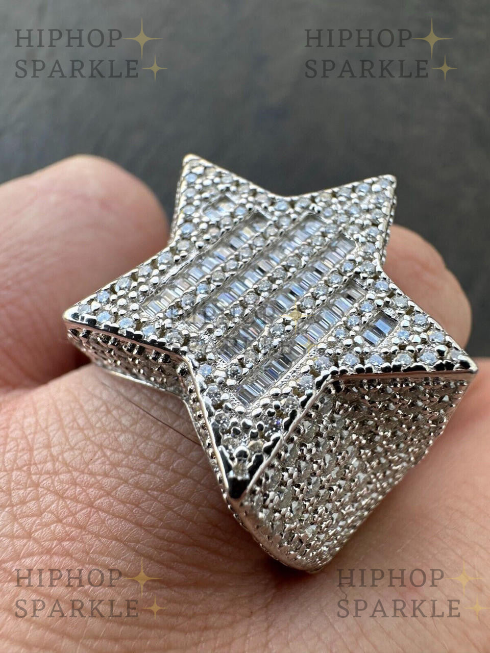 Baguette Moissanite Star Ring – Rap Style, 925 Silver