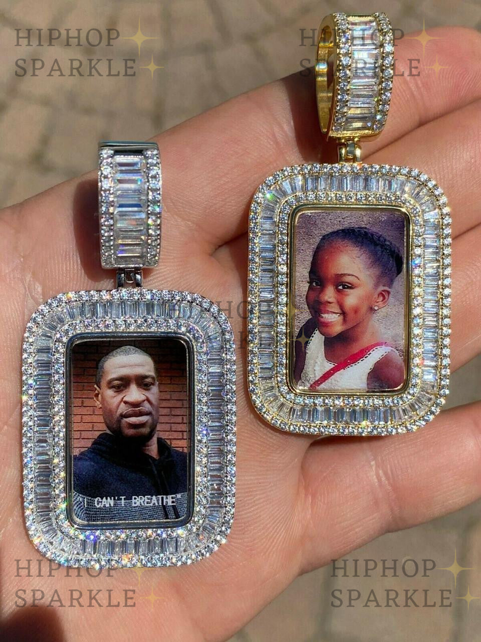 Moissanite Custom Photo Memory Pendant Baguette Dog Tag - 14k Yellow/Rose Gold Vermeil & 925 Silver