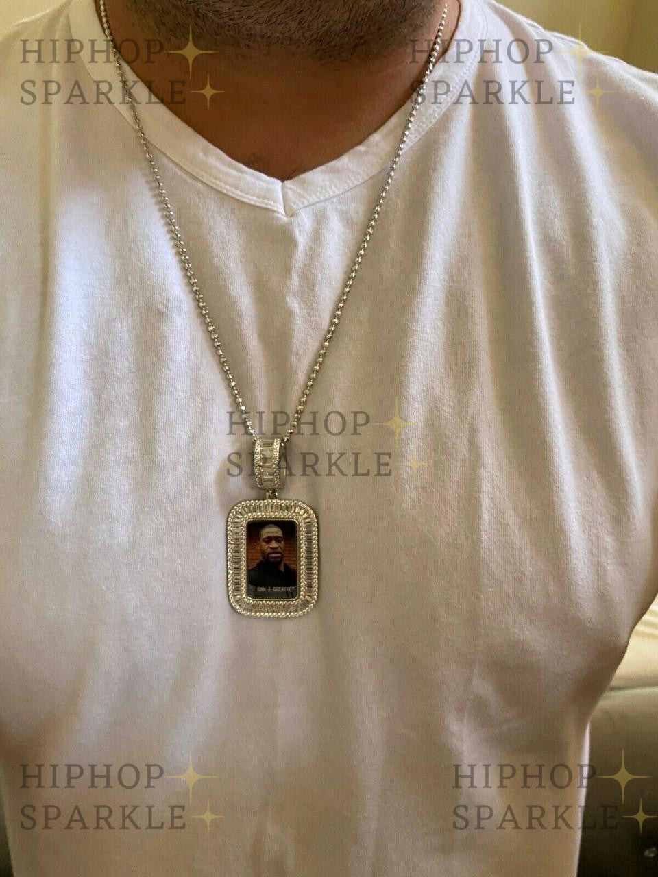 Moissanite Custom Photo Memory Pendant Baguette Dog Tag - 14k Yellow/Rose Gold Vermeil & 925 Silver