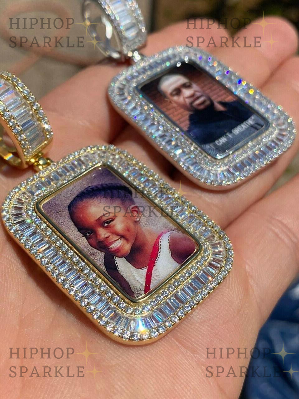 Moissanite Custom Photo Memory Pendant Baguette Dog Tag - 14k Yellow/Rose Gold Vermeil & 925 Silver