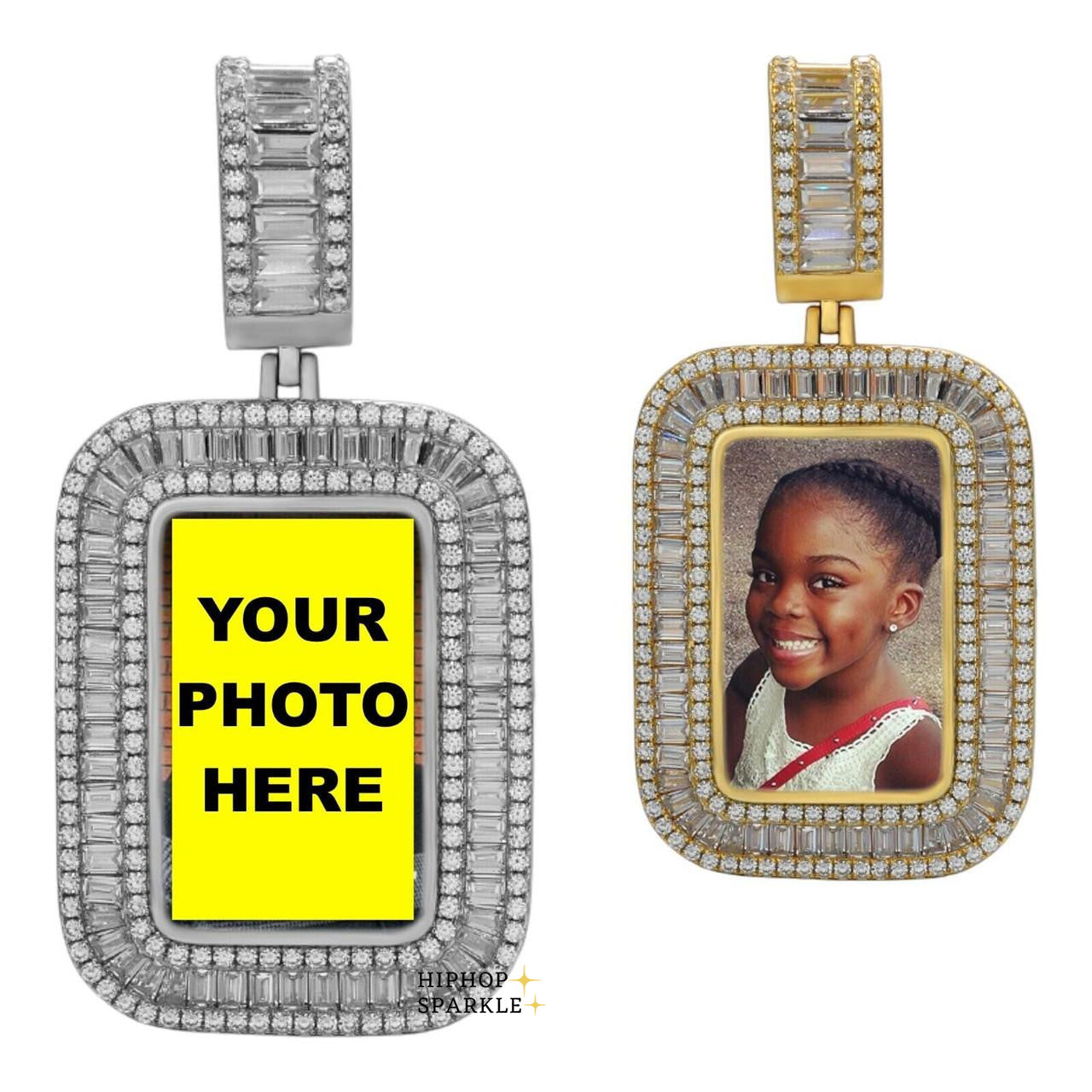 Moissanite Custom Photo Memory Pendant Baguette Dog Tag - 14k Yellow/Rose Gold Vermeil & 925 Silver