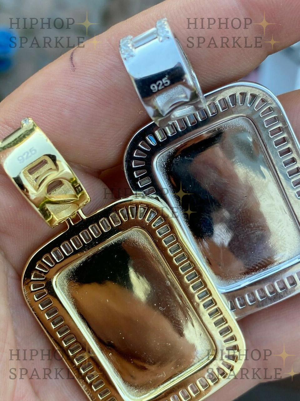 Moissanite Custom Photo Memory Pendant Baguette Dog Tag - 14k Yellow/Rose Gold Vermeil & 925 Silver