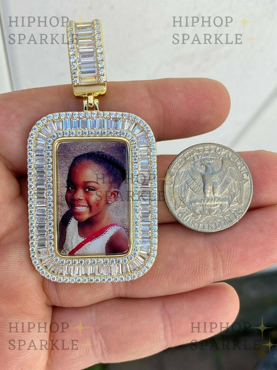 Moissanite Custom Photo Memory Pendant Baguette Dog Tag - 14k Yellow/Rose Gold Vermeil & 925 Silver