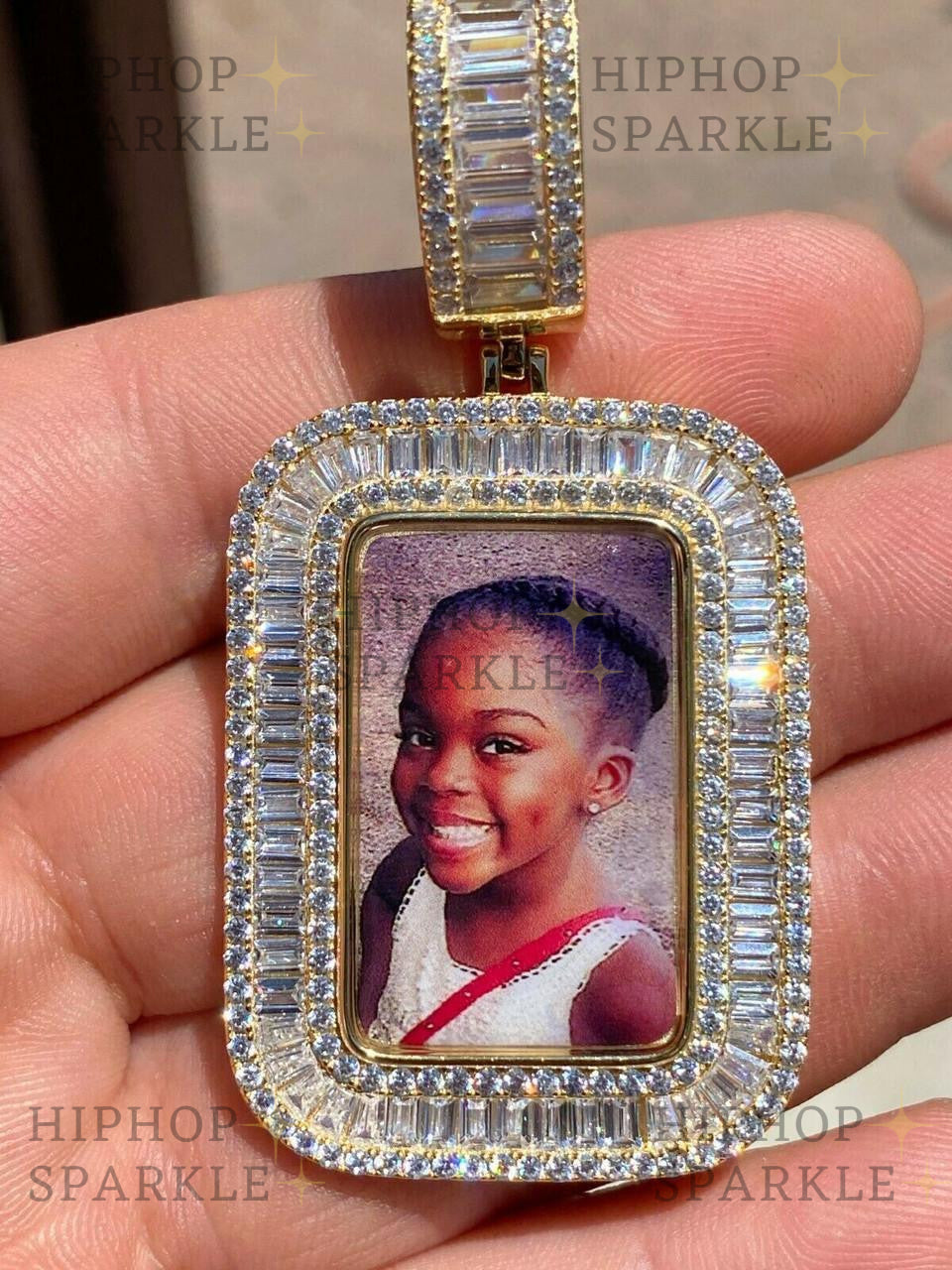 Moissanite Custom Photo Memory Pendant Baguette Dog Tag - 14k Yellow/Rose Gold Vermeil & 925 Silver