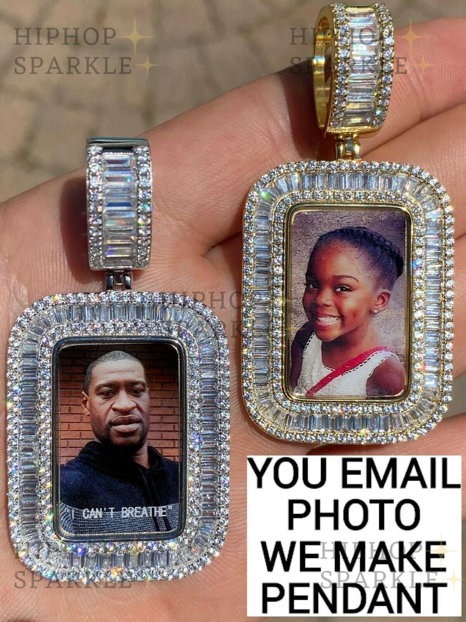 Moissanite Custom Photo Memory Pendant Baguette Dog Tag - 14k Yellow/Rose Gold Vermeil & 925 Silver