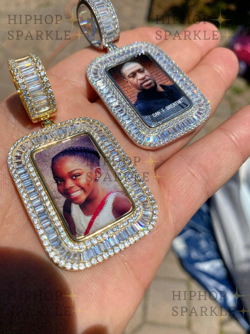 Moissanite Custom Photo Memory Pendant Baguette Dog Tag - 14k Yellow/Rose Gold Vermeil & 925 Silver