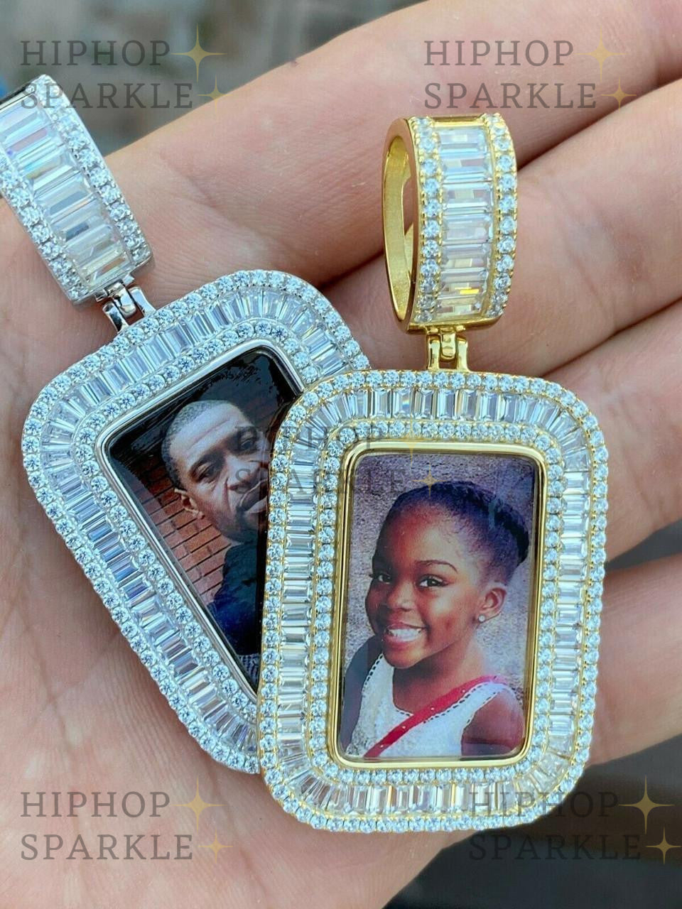 Moissanite Custom Photo Memory Pendant Baguette Dog Tag - 14k Yellow/Rose Gold Vermeil & 925 Silver