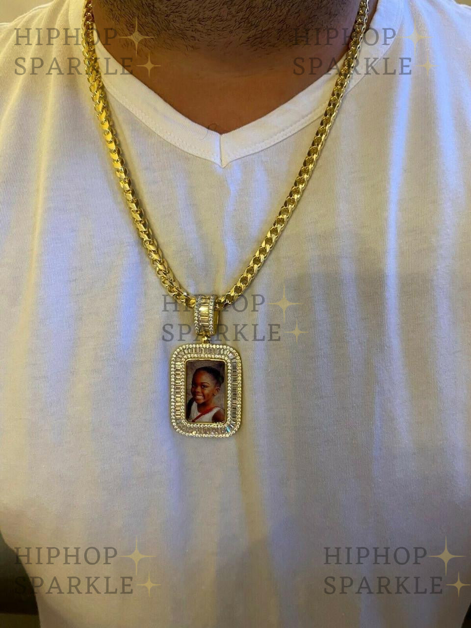 Moissanite Custom Photo Memory Pendant Baguette Dog Tag - 14k Yellow/Rose Gold Vermeil & 925 Silver