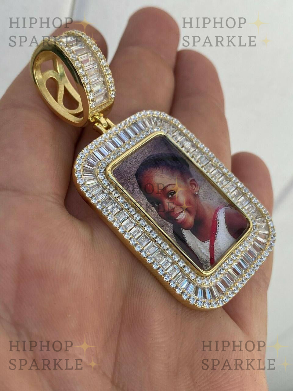 Moissanite Custom Photo Memory Pendant Baguette Dog Tag - 14k Yellow/Rose Gold Vermeil & 925 Silver