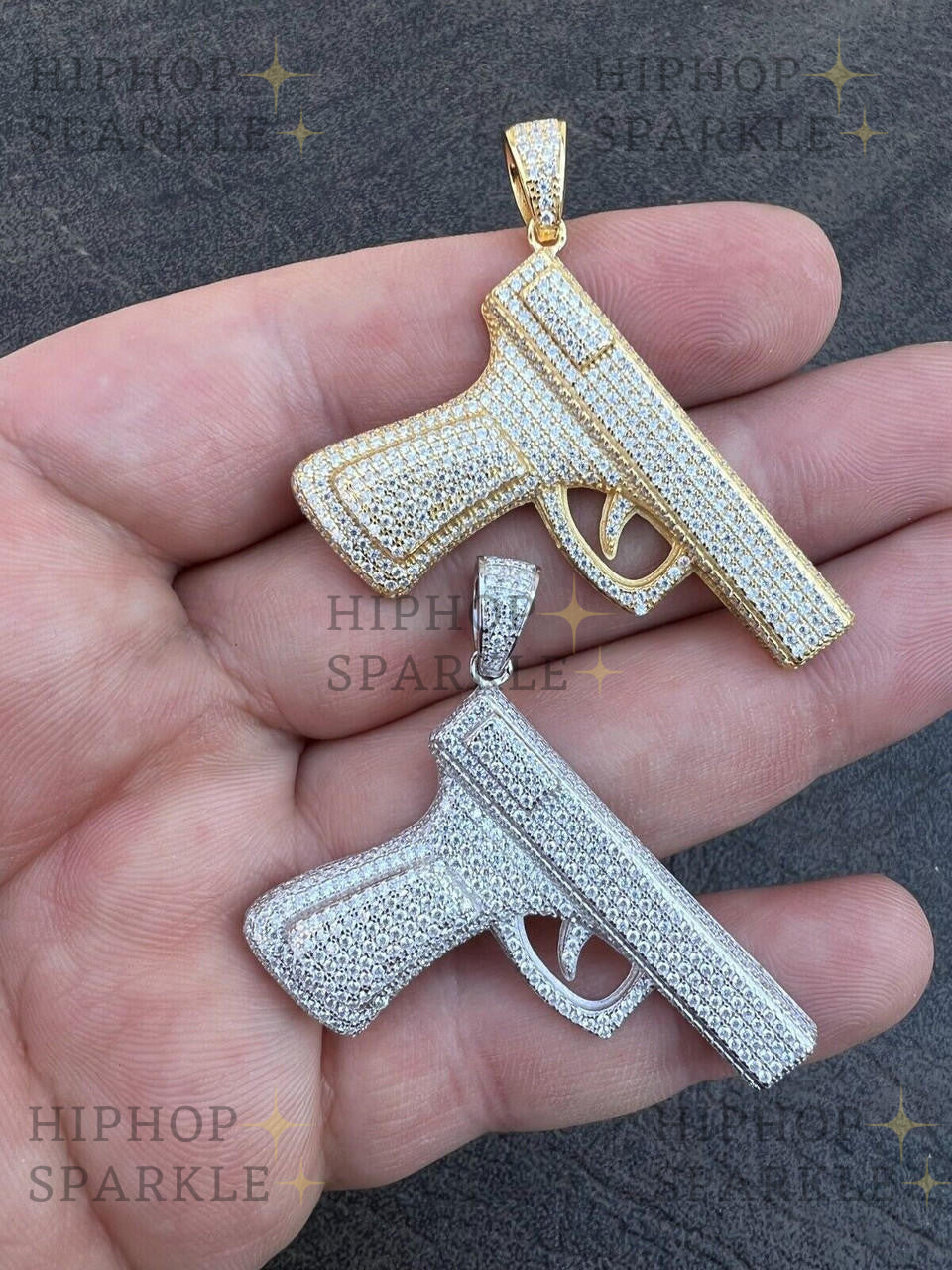 Moissanite Iced Out Gun Pistol Pendant - 14k Gold Vermeil & 925 Silver