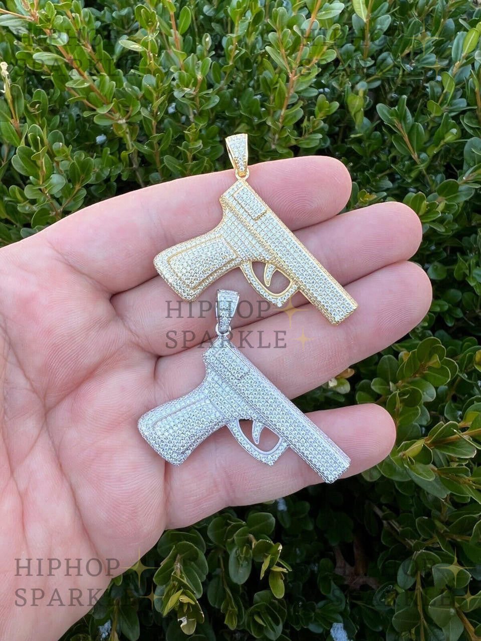 Moissanite Iced Out Gun Pistol Pendant - 14k Gold Vermeil & 925 Silver