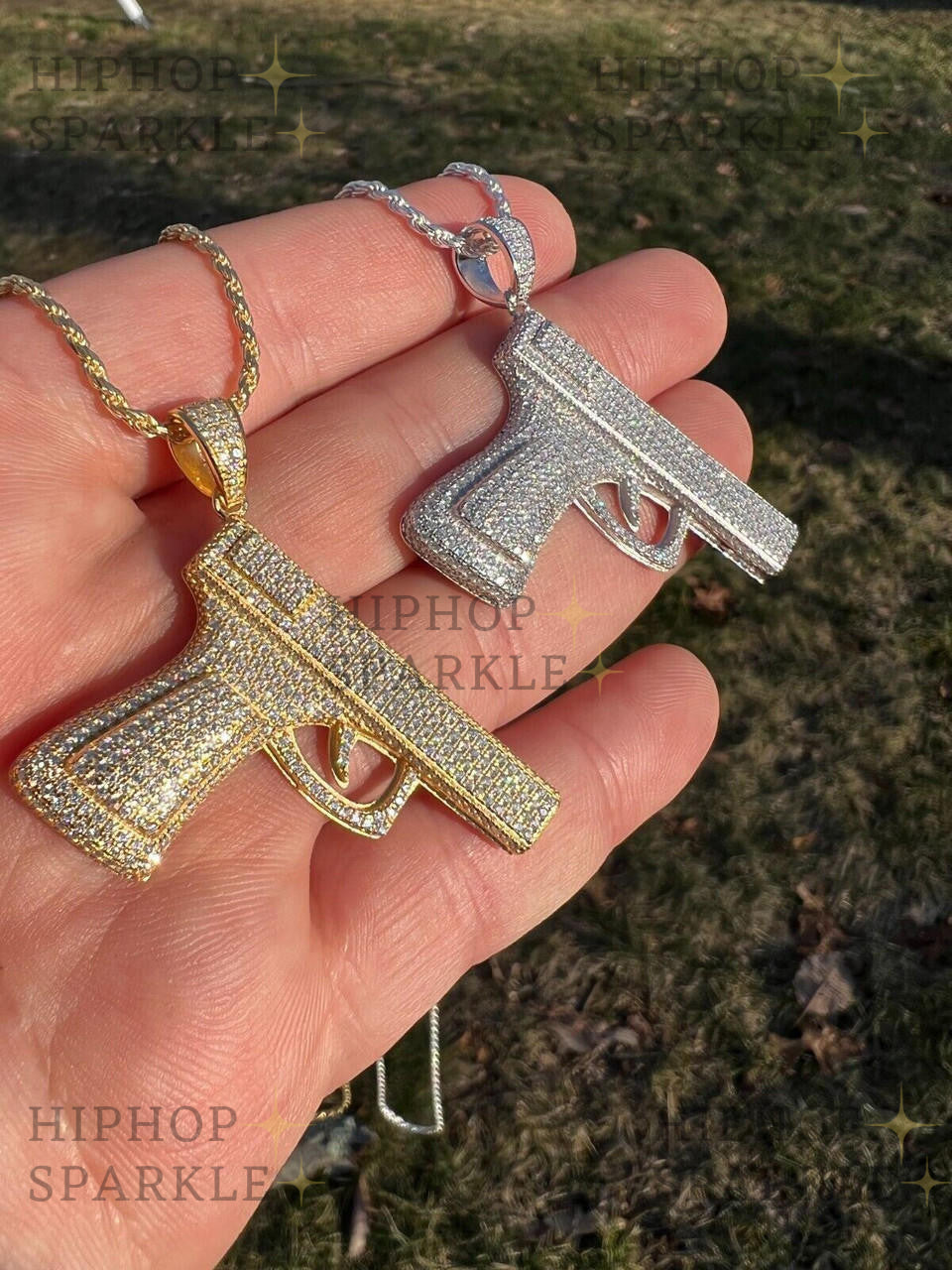 Moissanite Iced Out Gun Pistol Pendant - 14k Gold Vermeil & 925 Silver