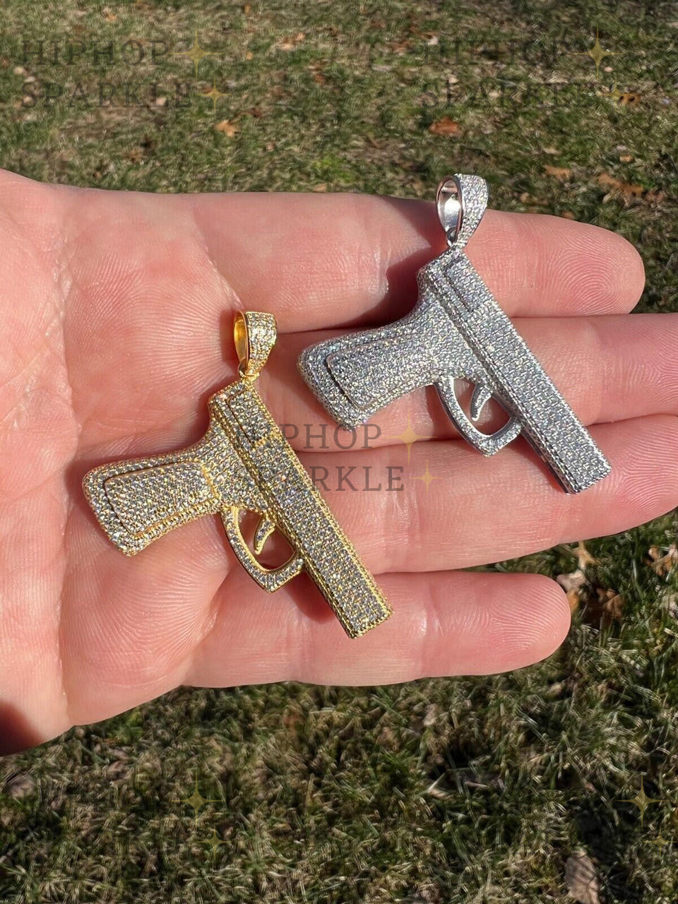 Moissanite Iced Out Gun Pistol Pendant - 14k Gold Vermeil & 925 Silver