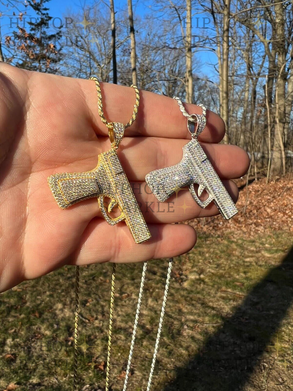 Moissanite Iced Out Gun Pistol Pendant - 14k Gold Vermeil & 925 Silver