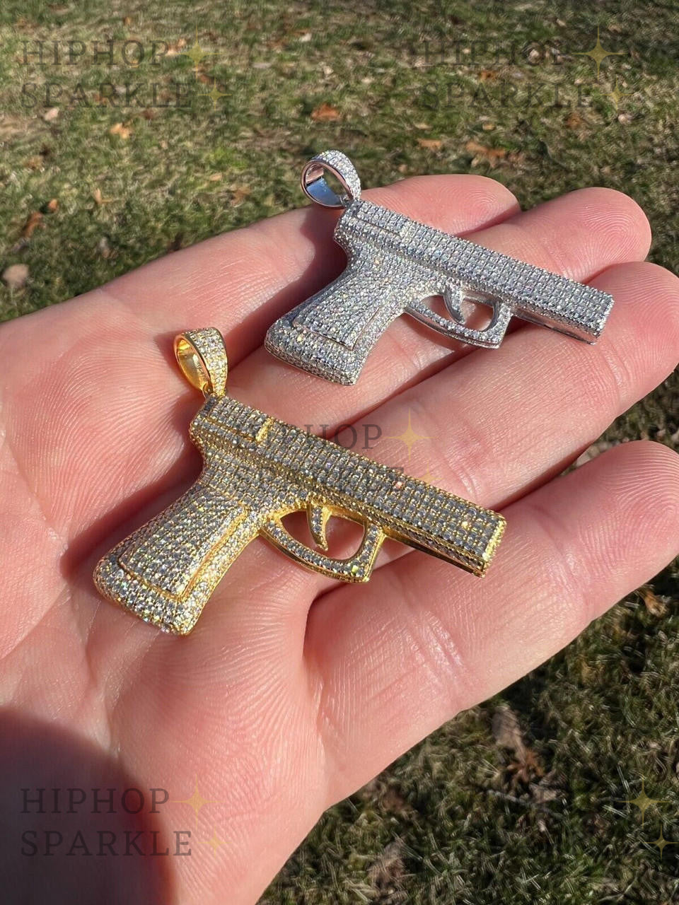 Moissanite Iced Out Gun Pistol Pendant - 14k Gold Vermeil & 925 Silver