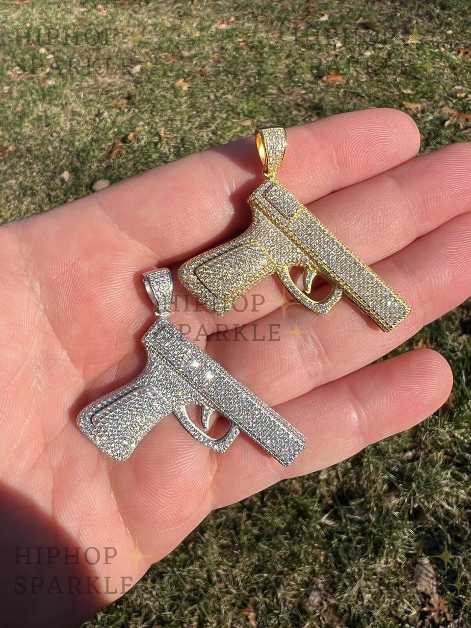 Moissanite Iced Out Gun Pistol Pendant - 14k Gold Vermeil & 925 Silver