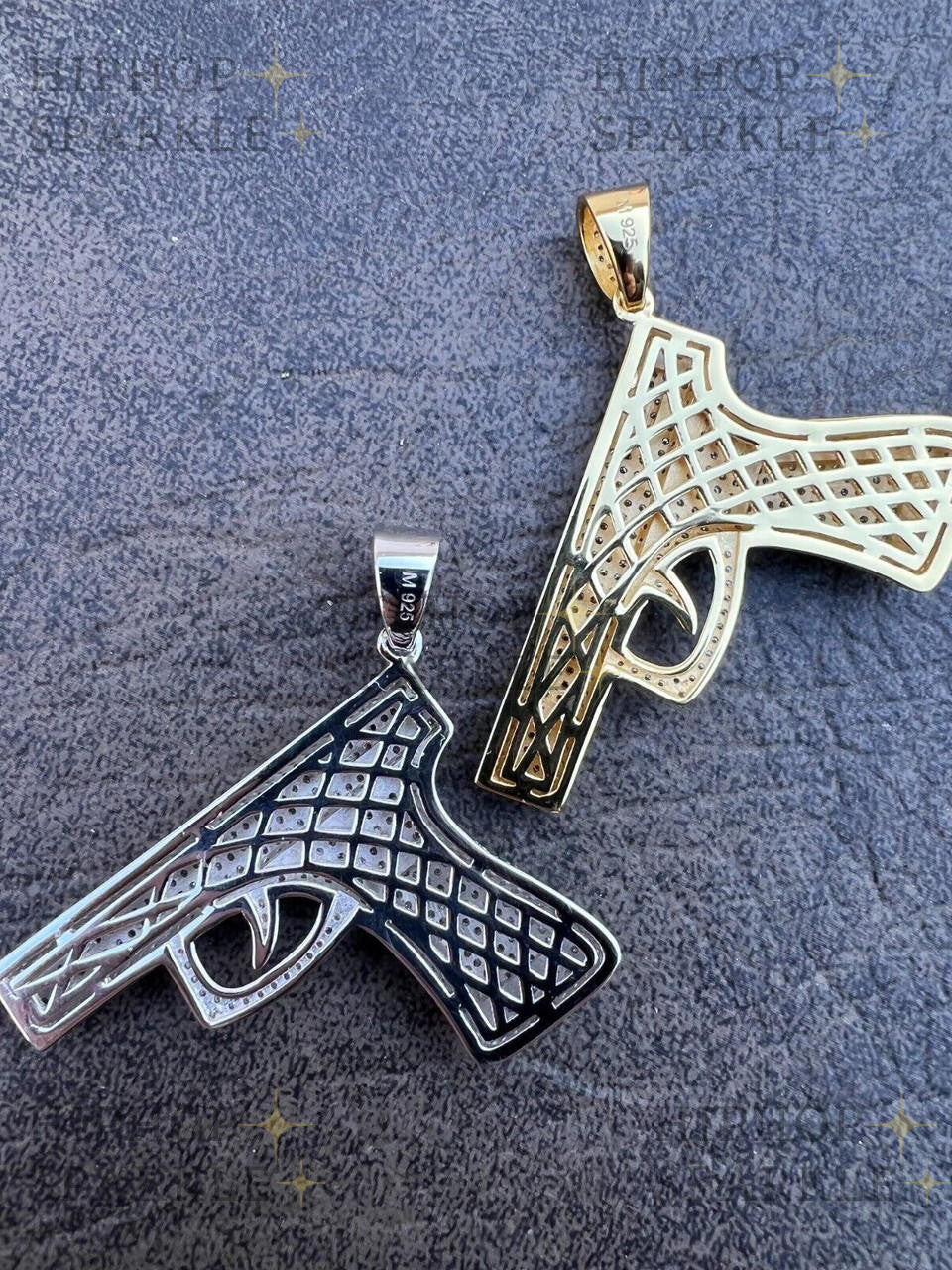 Moissanite Iced Out Gun Pistol Pendant - 14k Gold Vermeil & 925 Silver