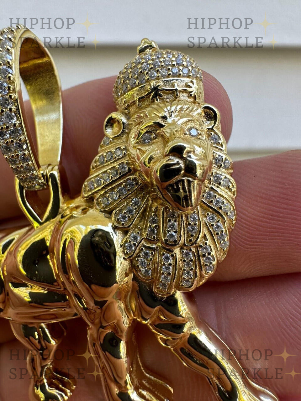 Moissanite Lion of Judah with Crown Rasta Pendant - 14k Gold Vermeil & 925 Silver