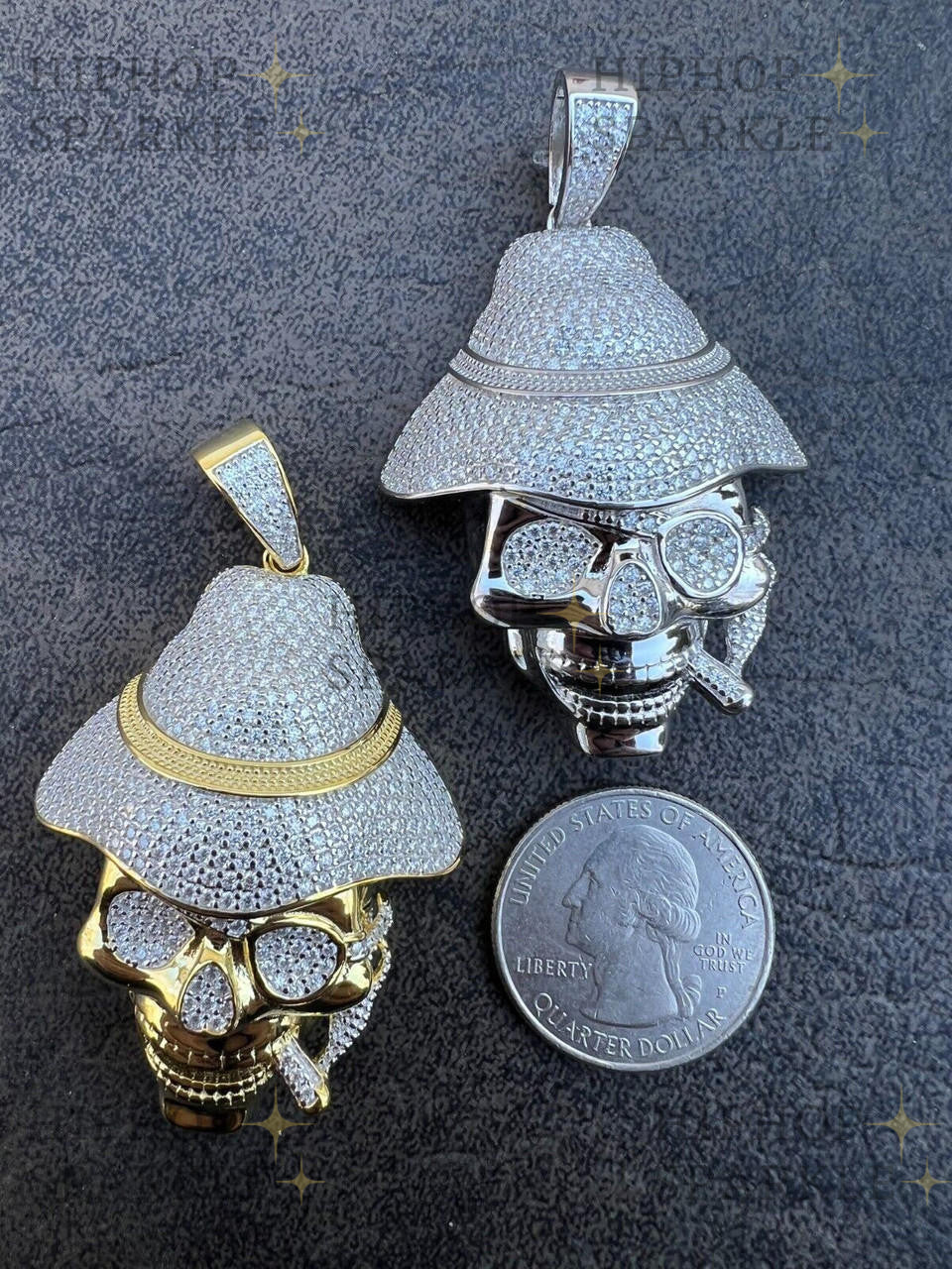 Moissanite Skull In Fedora Hat Smoking Pendant - 14k Gold Vermeil & 925 Silver