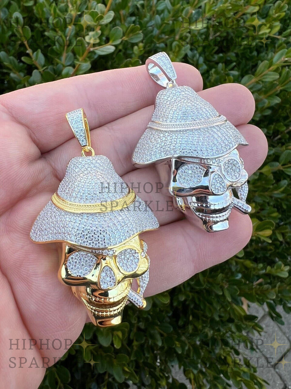 Moissanite Skull In Fedora Hat Smoking Pendant - 14k Gold Vermeil & 925 Silver